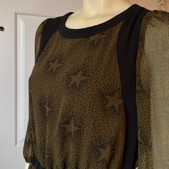 MISMASH Olive Green & Black Star Print Bohemian Drawstring Waist Dress M - Picture 3 of 12